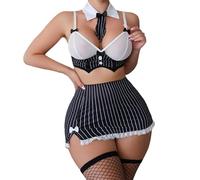 Dicosky Women's Secretary Outfit Sexy Teacher Costume Cheerleader Lingerie Set - Striped Bow Tie Mesh Bra Mini Skirt Uniform for Role Play Halloween-XL
