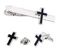 DICOSMETIC 1 Set Tie Clips with Cufflinks and Pin Brooches for Men Including 1Pc Brass Enamel Cross Tie Clips 1Pc Black Cool Cross Pin Brooches and 2Pcs Black Crucifix Cuff Links for Men and Women