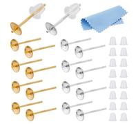 DICOSMETIC 10 Pairs 925 Sterling Silver Earrings Posts Pearl Cup Earring Finding Flat Pad Earring Studs 13x4.1mm Blanks Earring Pin with 50Pcs Ear Nuts and 1Pc Polishing Cloth for Jewelry Making