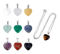 DICOSMETIC 10 Sets Heart Stone Charm with Cable Chain Natural Rose Quartz Crystal Tiger Eye Pendants Colorful Gemstone Charms Stainless Steel Chain Necklaces for DIY Bracelet Neckalce Jewelry Making