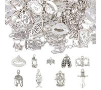 DICOSMETIC 100pcs 10 Styles Bible Charms Pendants Religious Charms Armor of God Charms Antique Silver Cross Shield Knife Praying Hands Charms for DIY Bracelet Necklace Jewelry Making