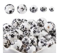 DICOSMETIC 100Pcs 4 Sizes Round Ceramic Bead Black Flower Bead 6/8/10/12mm Handmade Porcelain Spacer Beads Printed Flower Loose Beads for DIY Jewelry Making Necklace Bracelet, Hole: 2-3mm