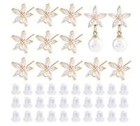DICOSMETIC 10Pcs Cubic Zirconia Earring Stud Finding 18K Gold Plated Flower Earrings Post with Loop and 40Pcs Ear Nuts Rhinestone Earring Posts Brass Earring Studs for Earring Making, Pin: 0.5mm