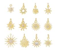 DICOSMETIC 12Pcs 12 Styles Brass Cubic Zirconia Charms Clear Cubic Zirconia Sun Charm 18K Gold Plated Celestial Sun Charms for Bracelets Necklaces Earrings Jewelry Making