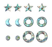 DICOSMETIC 12Pcs 6 Styles Abalone Shell Bead Coin Flat Round Beads Ring Shape Donut Beads Flat Loose Beads Moon Star Beads Ocean-inspired Paua Shell Beads for Jewelry Making Craft