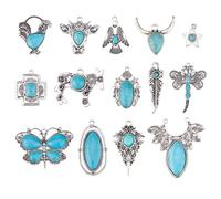 DICOSMETIC 15Pcs 15 Styles Western Turquoise Charms Vintage Turquoise Charms Set Alloy Leaf Star Cross Cattle Bird Dragonfly Pendants for DIY Bracelet Necklaces Earrings Jewelry Making