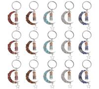 DICOSMETIC 15Pcs 5 Styles Gemstone Moon Keychains Crescent Moon Charm Keychain Crystal Chips Moon Pendant with Glass Wish Jar and Star Stone Key Chain for Women Men Bag Backpack Purse