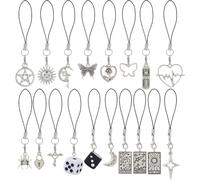 DICOSMETIC 18Pcs Phone Wrist Strap Vintage Phone Charms 18 Styles Tarot Card Star Moon Heart Charms Lanyard Strap Antique Silver Cellphone Keychain Cell Phones Pendant Accessories for Bag Camera