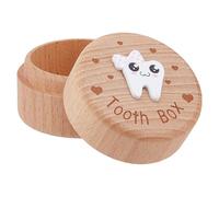 DICOSMETIC 1Pc Wooden Tooth Fairy Box 2x1.5 Inch Tooth Holder Round Adorable Teeth Keepsake Case Carved Heart Teeth Fairy Storage Container for Birthday Shower Gift