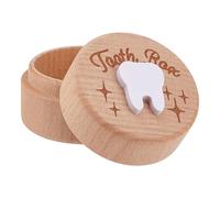 DICOSMETIC 1Pc Wooden Tooth Fairy Box 2x1.5 Inch Tooth Holder Round Adorable Teeth Keepsake Case Carved Star Teeth Fairy Storage Container for Birthday Shower Gift