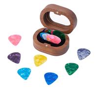 DICOSMETIC 2-Slot Wooden Guitar Pick Case Guitar Pick Display Storage Box 7x5cm Small Oval Wooden Ring Box with Visible Window Lids and 16Pcs Colorful Triangle Resin Picks