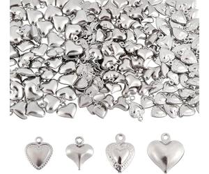 DICOSMETIC 200pcs 4 Styles Puffed Heart Charms Stainless Steel Small Love Charms 3D Sacred Heart Charms Warmful Mother's Day Charms for DIY Jewelry Making, Hole:1mm