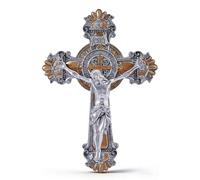 DICOSMETIC 26x18.4cm St. Saint Benedict Crucifix Medal 2 Tone Jesus Christ Wall Hanging Cross Catholic Hanging Home Decor Antique Silver Finish Juses Religious Gifts for Men Women