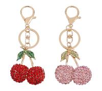 DICOSMETIC 2Pcs 2 Colors Cherry Keychains Bulk Alloy Rhinestone Fruit Keychain Cute Key Ring with Sparkling Charm Funny Keyring with Lobster Claw Clasp for Backpack Handbag Party Favors Decoration