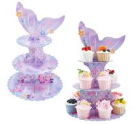 DICOSMETIC 2Pcs 3 Tier Mermaid Cupcake Stand Paper Dessert Tower Display Cardboard Cupcake Holder Mermaid Theme Cake Holder for Birthday Celebration Party Supplies and Decorations