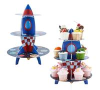 DICOSMETIC 2Pcs 3 Tier Space Cupcake Stand Paper Dessert Tower Display Cardboard Cupcake Holder Rocket Theme Cake Holder for Birthday Celebration Party Supplies and Decorations