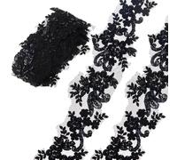 DICOSMETIC 2Yards x 2-1/2 Inch(63mm) Black Embroidery Lace Appliques Rhinestone Beaded Flower Embroidery Lace Trim Luxury Trim Patches for Wedding Clothing Embellishments