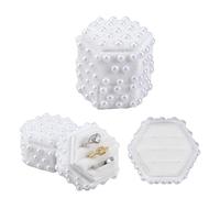 DICOSMETIC 3 Slots Pearl Velvet Ring Box Small Beige Jewelry Ring Box Hexagon Wedding Ring Case with Pearl for Wedding Ceremony Proposal Engagement, 5x5x5.5cm