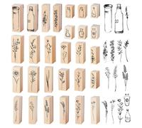 DICOSMETIC 31Pcs 4 Sets Vintage Wood Rubber Stamp Decorative Mounted Rubber Stamps Plants Flowers Bottle Stamp for DIY Scrapbooking Letters Diary Painting Journals