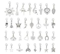 DICOSMETIC 32Pcs Alloy Clip On Bracelet Charms Assorted Dangle Charms with Clasps Jewelry Accessories for DIY Earrings Necklace Crafts Decoration, Antique Silver & Platinum