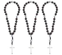 DICOSMETIC 3Pcs Natural Stone Beads Rosary 8mm Black Obsidian Malaysia Jade Beads Rosary with Metal Cross Car Rosaries for Rearview Mirror Baptism Favors Catholic Gift for Men Women, 22cm, 220mm