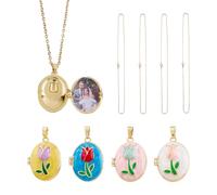 DICOSMETIC 4 Sets Locket Pendant Necklaces Brass Memory Locket Charms with Stainless Steel Cable Chains Oval Picture Frame Necklace Golden Flower Souvenir Photo Necklaces for Women Men