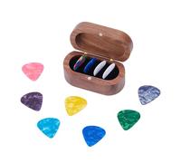 DICOSMETIC 4-Slot Wooden Guitar Pick Case Guitar Pick Display Storage Box 8.5x4.5cm Small Oval Wooden Ring Box with 16Pcs Colorful Triangle Resin Picks, Black Walnut Color