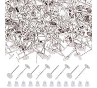 DICOSMETIC 400Pcs Stainless Steel Earrings Posts Flat Pad Earring Studs 4mm Round Earring Stud Blanks Earring Pin with 400Pcs Ear Nuts for Jewelry Making