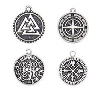 DICOSMETIC 4Pcs 4 Styles Valknut Rune Pendant Set Antique Silver Viking Valknut Pendants Flat Round Norse Pagan Jewelry Stainless Steel Charms for Jewelry Crafts Making, Hole: 1.6~2mm