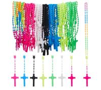 DICOSMETIC 56Pcs 7 Colors Cross Necklaces Bulk Plastic Rosary Beads Necklace Luminous Cross Necklace Glow in The Dark Y Necklace Prayer Jewelry for Women Men Ladies
