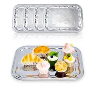 DICOSMETIC 5Pcs Large Silver Serving Trays Set 16.14x12.2x0.39 Inch Stainless Steel BBQ Grill Trays Rectangle Flower Engraved Tray Metal Serving Platter for Food Cookies Desserts Table Party Home