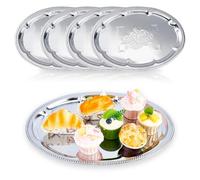 DICOSMETIC 5Pcs Large Silver Serving Trays Set 16x11.65x0.59 Inch Stainless Steel BBQ Grill Trays Oval Flower Engraved Tray Metal Serving Platter for Food Cookies Desserts Table Party Home