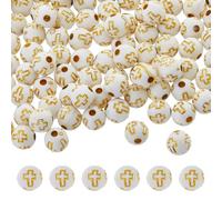 DICOSMETIC 600Pcs Acrylic Round Beads 8mm Beige Beads Small Round Spacer Beads with Golden Metal Enlaced Cross for Holy Rosary Bracelet Jewelry Making, Hole: 2mm