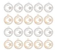 DICOSMETIC 60Pcs 2 Colors Moon Star Charms Rhinestone Celestial Charms Alloy Crescent Pendants Charms Crystal Flat Round Pendant Bulk for Jewelry Making