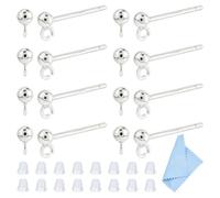 DICOSMETIC 8 Pairs Ball Stud Earrings Findings 925 Sterling Silver Round Ball Earrings Silver Stud Earring Post with Loop Metal Earring Post with 16Pcs Ear Nuts and 1Pc Polishing Cloth for DIY Making