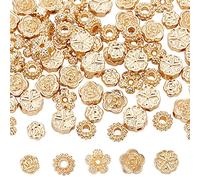 DICOSMETIC 80Pcs 5 Styles Flower Spacer Beads 14K Gold Plated Alloy Beads Blossom Flower Tiny Loose Charm Beads Flat Round Beads for Jewelry Making DIY Necklaces Bracelets, Hole: 1~2.1mm