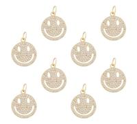 DICOSMETIC 8Pcs Rhinestone Smile Face Charms Real 18K Flat Round with Smile Face Pendants Brass Micro Pave Clear Cubic Zirconia Hollow Happy Smiling Charm with Jump Ring for Jewelry Making, Hole: 5mm