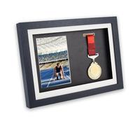 DICOSMETIC Black Medal Display Shadow Box Single Medal and Photo Display Frame Case Wood Medals Shadow Box for Marathon Runner, All Sports Winners, 32.7x24.1x3.4cm