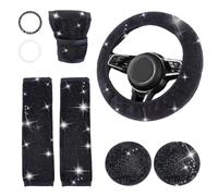 DICOSMETIC Bling Car Accessories Set Black Glitter Vehicle Decorations Rhinestone Steering Wheel Cover Bling Seat Belt Cushion Crystal Auto Gear Shift Cover Shiny Car Cup Holder Coaster