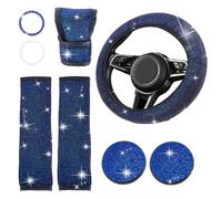 DICOSMETIC Bling Car Accessories Set Glitter Vehicle Decorations Rhinestone Steering Wheel Cover Bling Seat Belt Cushion Crystal Auto Gear Shift Cover Shiny Car Cup Holder Coaster, Blue