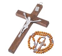 DICOSMETIC Catholic Cross with Wooden Rosary Including 1Pc 12.6x6.9cm Small Wood Wall Cross with Alloy Jesus Christ and 1Pc 56cm Wood Beads Rosary Necklace Religious Faith Gifts