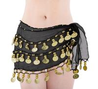 DICOSMETIC Chiffon Belly Dancing Scarf Women's Coin Belly Dance Hip Scarf Black Coin Belt Hip Scarfs Belly Dancing Skirt with Golden Beads and Coins Sexy Skirt Costume for Yoga Arabic Dance