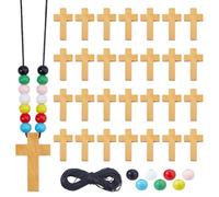 DICOSMETIC DIY Religious Crafts Wood Cross on Cord Pendant Necklace Including 560Pcs 7 Colors Spray Painted Round Wood Beads 40Pcs Wooden Cross Charms and 20 Yards Waxed Cotton Thread Cords