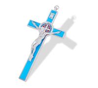 DICOSMETIC Enamel Crucifix Wall Cross Saint Benedict Wall Crosses 19.5x9.8cm Jesus Christ Crucifix Catholic Christian Cross Decor Easter Gifts for Women Men, Sky Blue