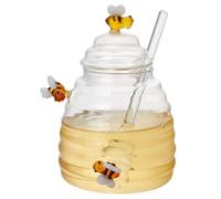 DICOSMETIC Glass Honey Jar With Dipper and Lid Glass Honey Pot Container Dispenser Transparent Honey Container 11x12x13.5cm Honeycomb Design Jar for Home Kitchen Gift Syrup Storage