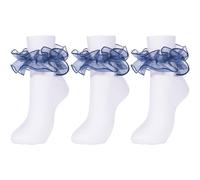 Dicry Socks for Women, Big Ruffle Socks with Turn Cuff and Double Lace, 3 Pairs - White & Blue, 4-8 UK
