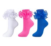 Dicry Socks for Women, Big Ruffle Socks with Turn Cuff and Double Lace, 3 Pairs - White, Royal Blue, Hot Pink, 4-8 UK