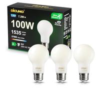 DiCUNO E27 Edison Screw Light Bulb, 7.3W (100W Equivalent), Glass Filament Bulb A60, Energy Efficient A Class LED, 2700K, 1535LM, Non-dimmable, 3 Pcs