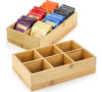 Dicunoy 2 Pack Bamboo Tea Bag Organizer, Wood Tea Box Drawer Storage Holder With 6 Compartments, Chest Box for Coffee Station, Sugar Packet, Sweeteners, Small Packets, Divided Countertop Organizer