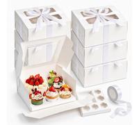 Dicunoy 6 Pack Bento Cake Box with Cupcakes, 5 Inch Cake and 5pcs Cupcake Boxes Combo Box with Clear Lids and White Ribbon, 2 in 1 Cake Containers for Birthday, Christmas Valentine's Day, Picnic
